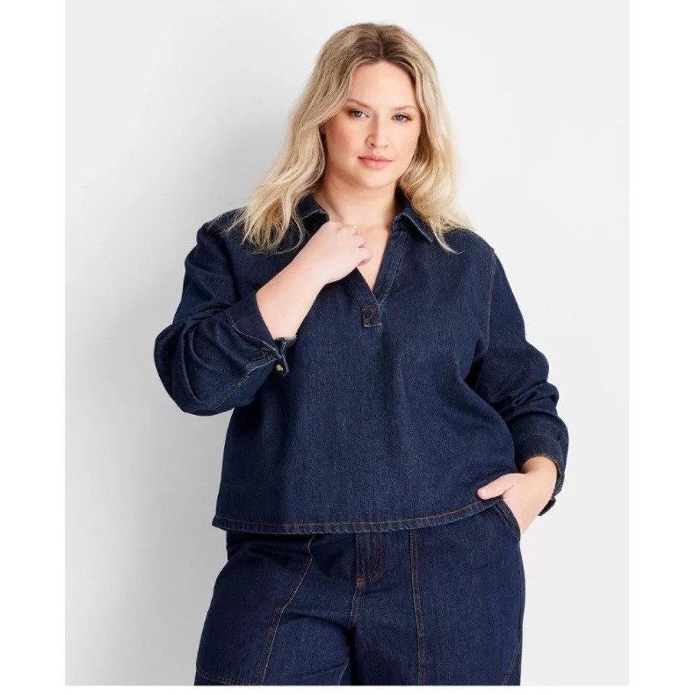 Future Collective‎ Womens Dark Wash Denim Long Sleeve Collared Shirt 1X Pullover